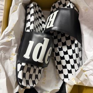 Rhude Black & White Checkerboard Logo Slide Sandals